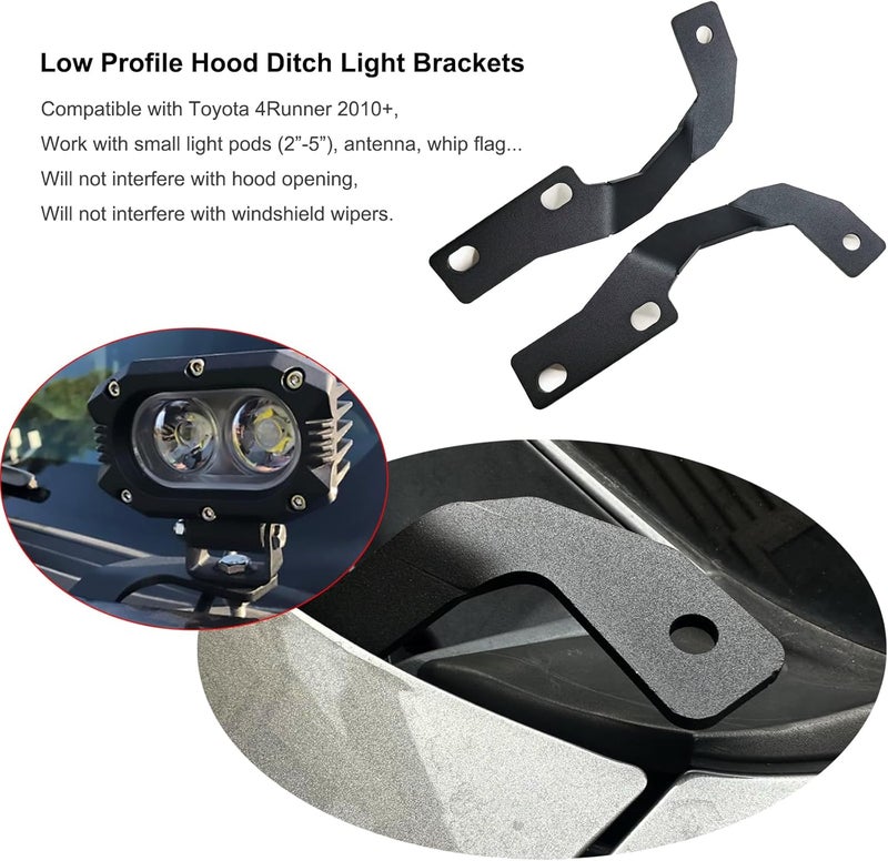 DarSeity Low Profile Mount Hood Hinges Ditch Light Brackets for Toyota 4Runner 2010-2024, for Auxiliary Off-Road Lighting Fog Light(for 4Runner 10-24) - Image 2